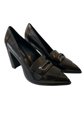 NINE WEST Black Polished Vegan Faux Leather Pointed Toe Block Heel Pumps - Sz 9